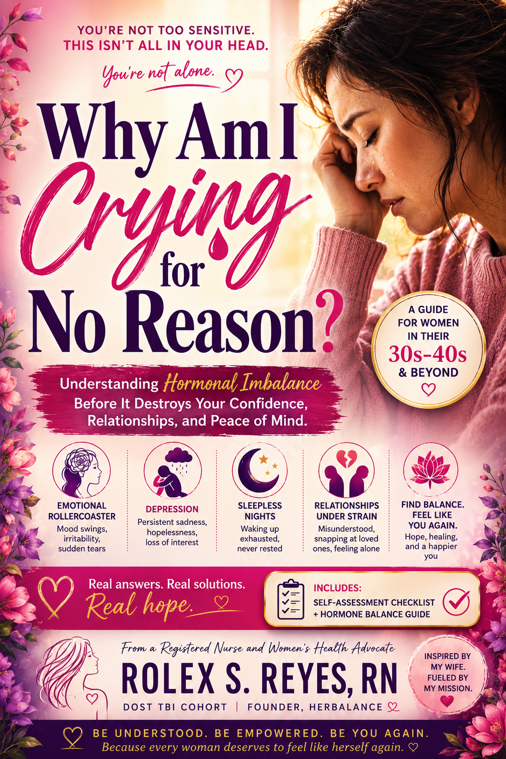 Poster artwork for Why Am I Crying for No Reason? showing a woman resting her head on her hand surrounded by soft florals